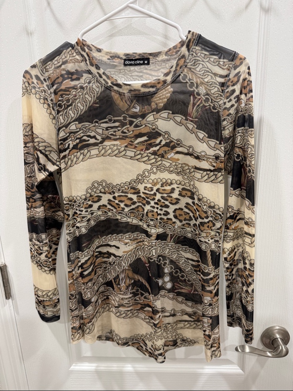 David Cline Cream, Black & Brown Chain and Leopard Print Long Sleeve Top